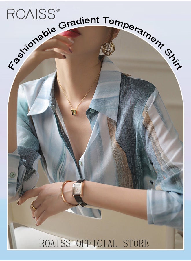 roaiss - Women Printed Shirt Loose Fit with Gradient Color Design Fashionable and Versatile Women Stand Collar Business Casual Shirt - Image 1