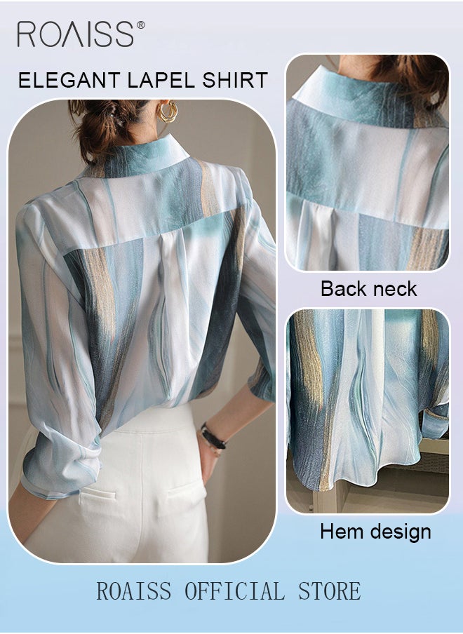 roaiss - Women Printed Shirt Loose Fit with Gradient Color Design Fashionable and Versatile Women Stand Collar Business Casual Shirt - Image 1