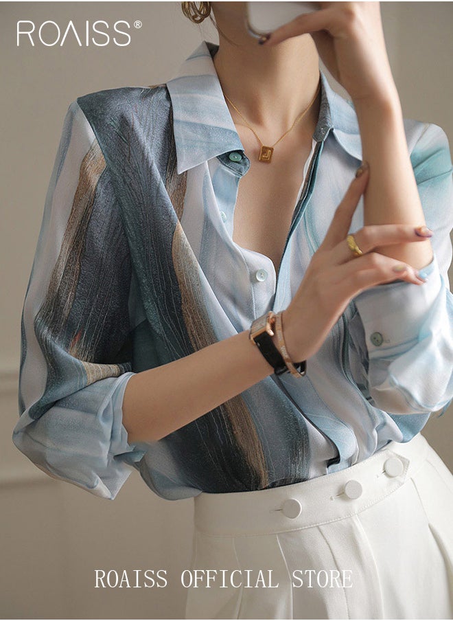 roaiss - Women Printed Shirt Loose Fit with Gradient Color Design Fashionable and Versatile Women Stand Collar Business Casual Shirt - Image 1