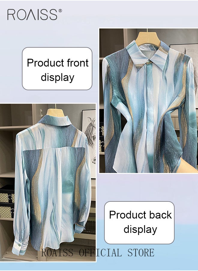 roaiss - Women Printed Shirt Loose Fit with Gradient Color Design Fashionable and Versatile Women Stand Collar Business Casual Shirt - Image 1
