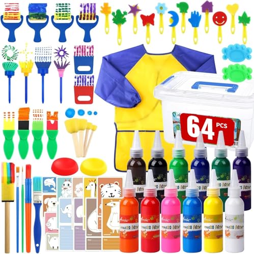 AROIC 64 Pack Washable Paint Set 12 Colors Non Toxic Finger Paints with Sponges Paint Brushes Waterproof Paint Smock Palettes Cards Storage Box for Art Crafts Children Age 12 and Adults2 oz Each - Image 1