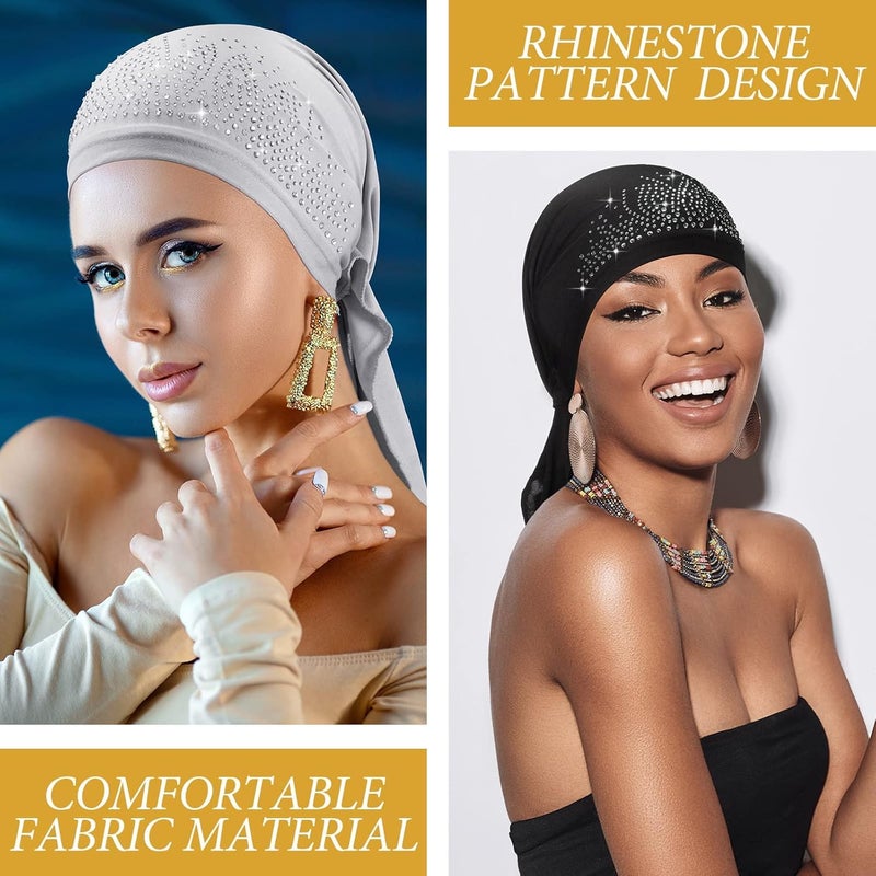 Women Head Scarf Set - 6 Pcs Rhinestone Stretchy Pre-Tied Scarves - Image 5