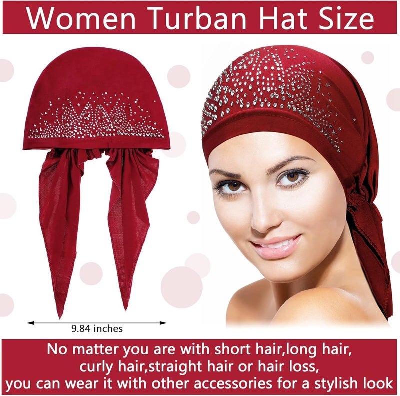 Women Head Scarf Set - 6 Pcs Rhinestone Stretchy Pre-Tied Scarves - Image 2