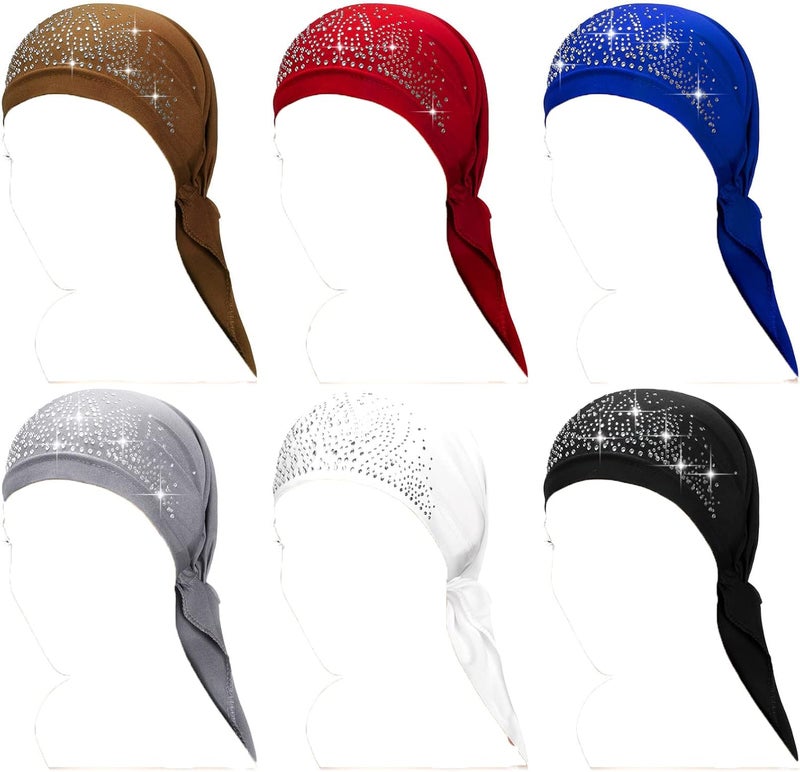 Women Head Scarf Set - 6 Pcs Rhinestone Stretchy Pre-Tied Scarves - Image 1