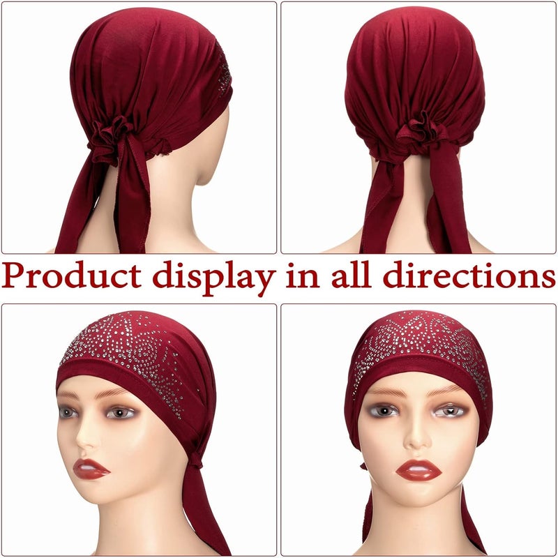 Women Head Scarf Set - 6 Pcs Rhinestone Stretchy Pre-Tied Scarves - Image 3