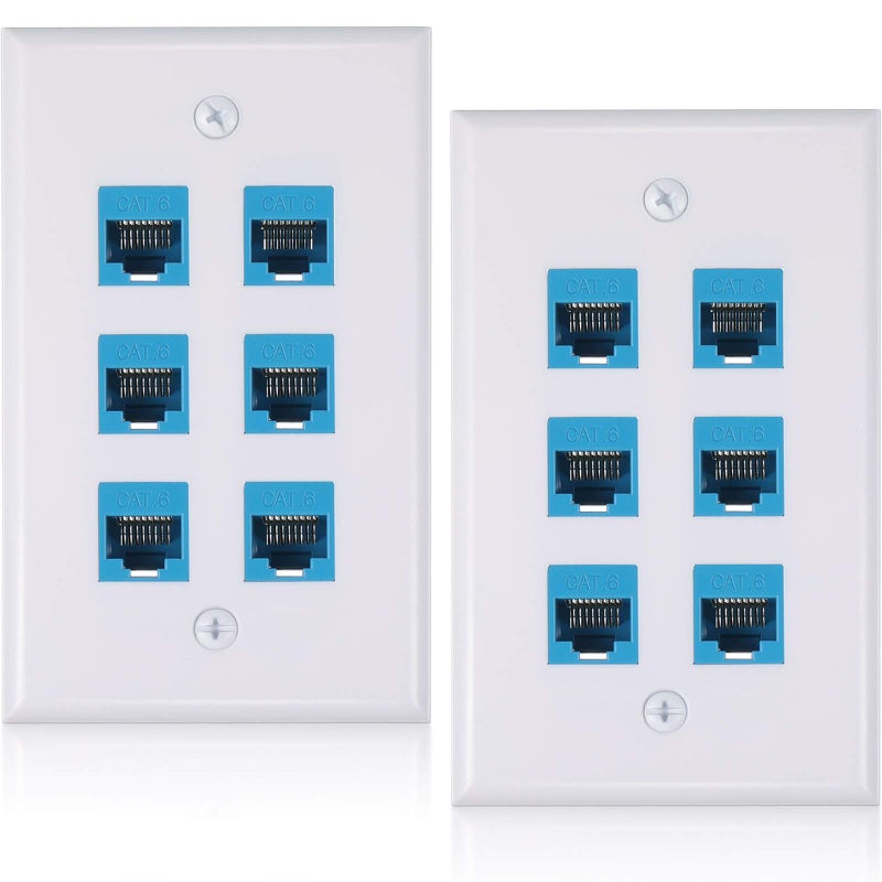 Weewooday 2 Pcs RJ45 Wall Plate 6 Port Ethernet Wall Plate Cover Cat6 Female to Female Jack Inline Coupler Ethernet Cable Faceplates for Cat5 Cat5e Cat6 - Image 1