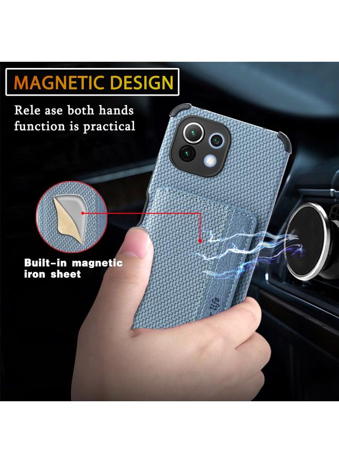 erorex Case For Xiaomi Mi 11 Lite Carbon Fiber Magnetic Card Bag TPU+PU Shockproof Back Cover Case with Holder & Card Slot & Photo Frame - Image 5