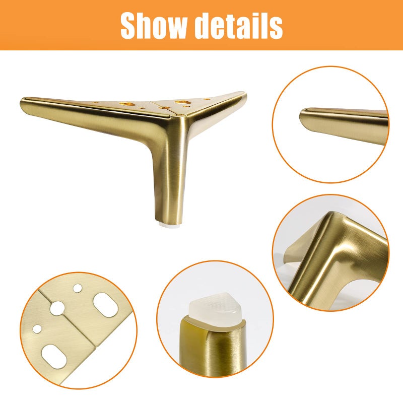 Vehcil 4-Inch Brushed Gold Furniture Legs Legs For Furniture Set Of 4 Modern Furniture Feet Metal Table Legs For Cabinet Sofa Couch Chair Bed Dresser Wardrobe Risers Diy Replacement - Image 4