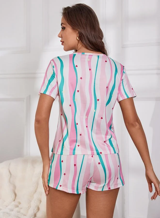 تايك تو مجموعة من تيشيرت ياقة دائرية مخطط وشورت