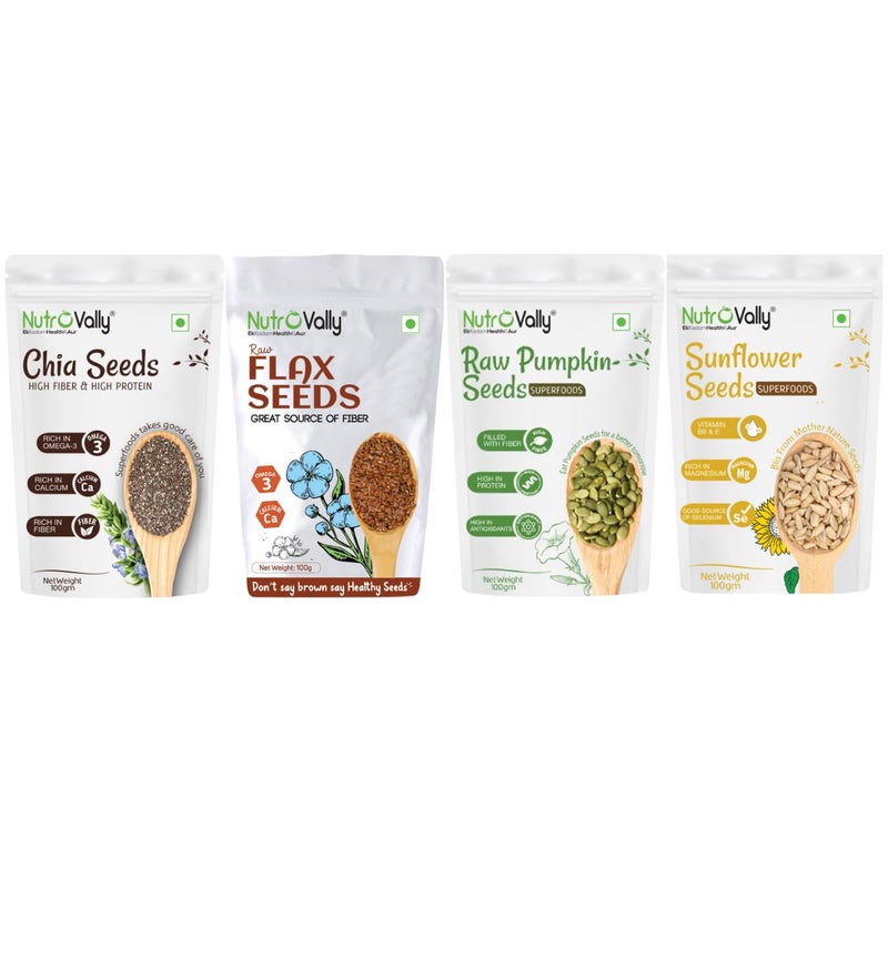 NutroVally Seeds Combo Pack | Chia Seeds, Flax Seeds, Pumpkin Seeds & Sunflower Seeds | High in Fiber, Protein, Omega-3 & Antioxidants| 100g Each (Pack of 4 – Total 400g) | Natural & Healthy Superfood - Image 1