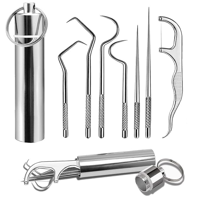 click2shop 7 in 1 Teeth Cleaning Tool Kit - Portable Stainless Steel Dental Tools for Outdoor Camping, Travel, and Braces Maintenance - Toothpicks Pocket Set with Holder - Image 1