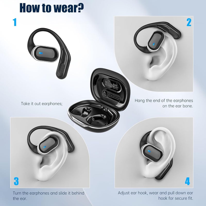 TRAUSI Open Ear Headphones, Wireless Bluetooth Earbuds, 80H Playtime Stereo Ear Buds with ENC Noise Cancelling, IPX7 Waterproof Over Ear Earphones with Earhook for Sports/Running/Gym/Workouts Black - Image 4