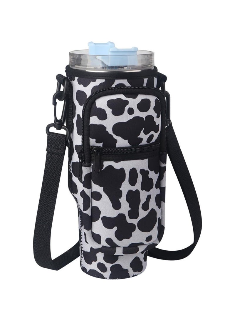 KASTWAVE Water Bottle Carrier Bag for Stanley 40 Oz Tumbler, Water Bottle Holder with Adjustable Shoulder Strap and Phone Pocket, Bottle Handbags for Walking Hiking Travelling, Cow Print  - Image 1