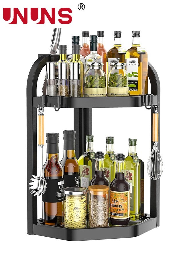 UNUNS - Spice Rack Organizer,2-Tier Seasoning Organizer Corner Storage Standing Shelf,Kitchen Bathroom Countertop Rack Organizer,Vanity Tray Cosmetic,Spice Rack With 4 Hooks - Image 1