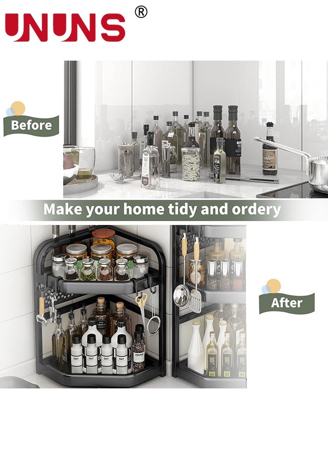 UNUNS - Spice Rack Organizer,2-Tier Seasoning Organizer Corner Storage Standing Shelf,Kitchen Bathroom Countertop Rack Organizer,Vanity Tray Cosmetic,Spice Rack With 4 Hooks - Image 1