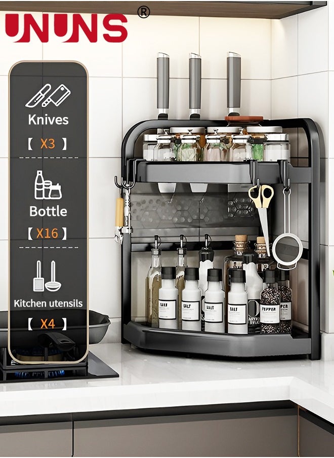UNUNS - Spice Rack Organizer,2-Tier Seasoning Organizer Corner Storage Standing Shelf,Kitchen Bathroom Countertop Rack Organizer,Vanity Tray Cosmetic,Spice Rack With 4 Hooks - Image 1