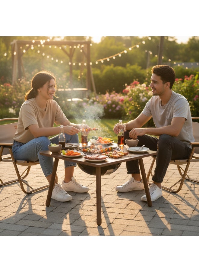 بورودو طاولة شواء خارجية مربعة متعددة الاستخدامات / حلقة حماية من الحرارة / وعاء فحم قابل للإزالة / مادة فولاذ كربوني / مثالية لرحلة التخييم، شواء في الهواء الطلق، نزهة على الشاطئ، الشواء على الشرفة - بني - Image 4