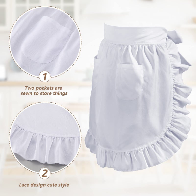 Geyoga White Waist Aprons for Women with Pockets Kitchen Cooking Waitress Maid Apron Vintage Skirt Cute Ruffle Dress Costume - Image 3