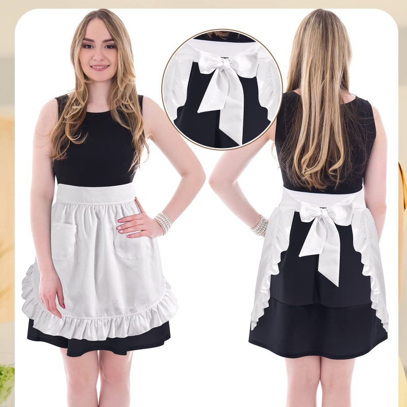 Geyoga White Waist Aprons for Women with Pockets Kitchen Cooking Waitress Maid Apron Vintage Skirt Cute Ruffle Dress Costume - Image 4