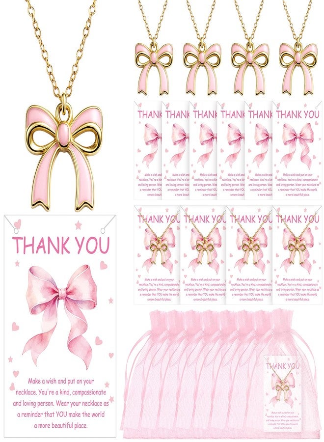 Quelay 12 Pcs Pink Bow Party Favors Bow Necklace Appreciate Gift Bulk Women Dainty Coquette Knot Ribbon Jewelry Pendant with Thank You Gift Card and Storage Bag for Mother Wife Sister Friends - Image 1