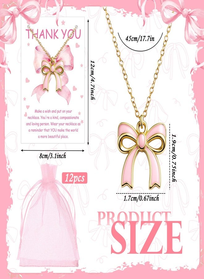 Quelay 12 Pcs Pink Bow Party Favors Bow Necklace Appreciate Gift Bulk Women Dainty Coquette Knot Ribbon Jewelry Pendant with Thank You Gift Card and Storage Bag for Mother Wife Sister Friends - Image 2