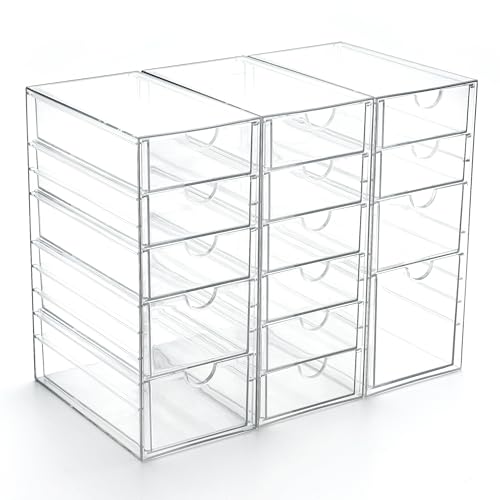 Prsildan Acrylic Drawer Organizer with 15 Drawers, Makeup Craft Office Desk Organizers Accessories, Set of 3 Clear Stackable Storage Drawers for Vanity, Countertop, Jewelry, Art Supply Organization - Image 1