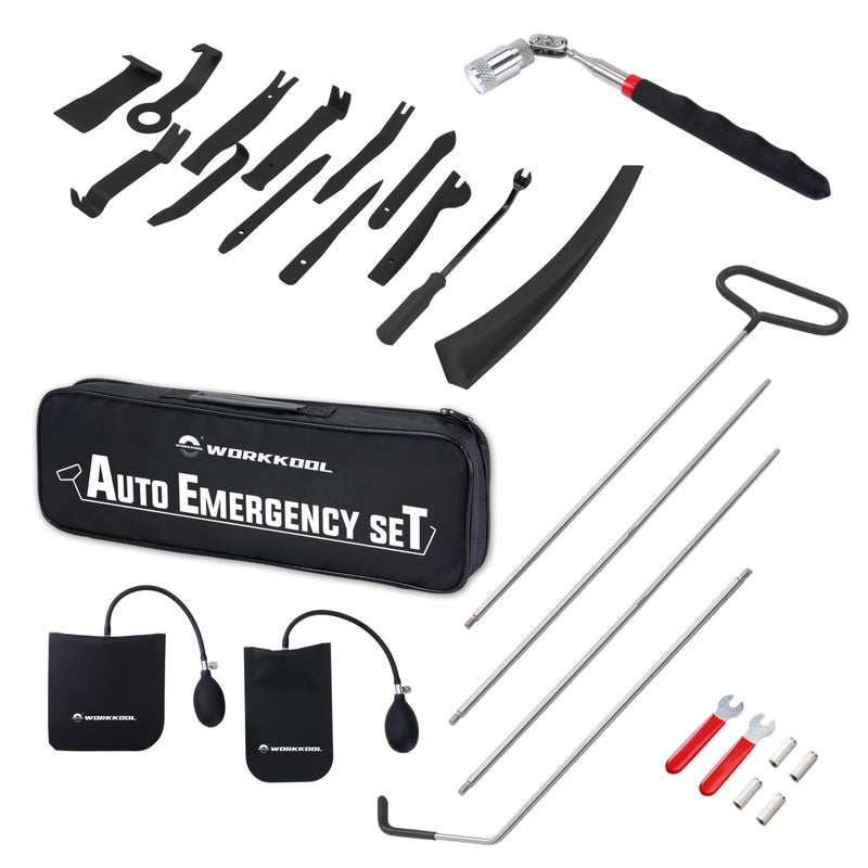 WORKKOOL 26PCS Car Tool Kit with Stainless Steel Assorted 5th Wheel Pin Puller,68 inches Long Distance Puller Hook, Air Wedge and Magnetic Pickup Tool with Flashlight - Image 1