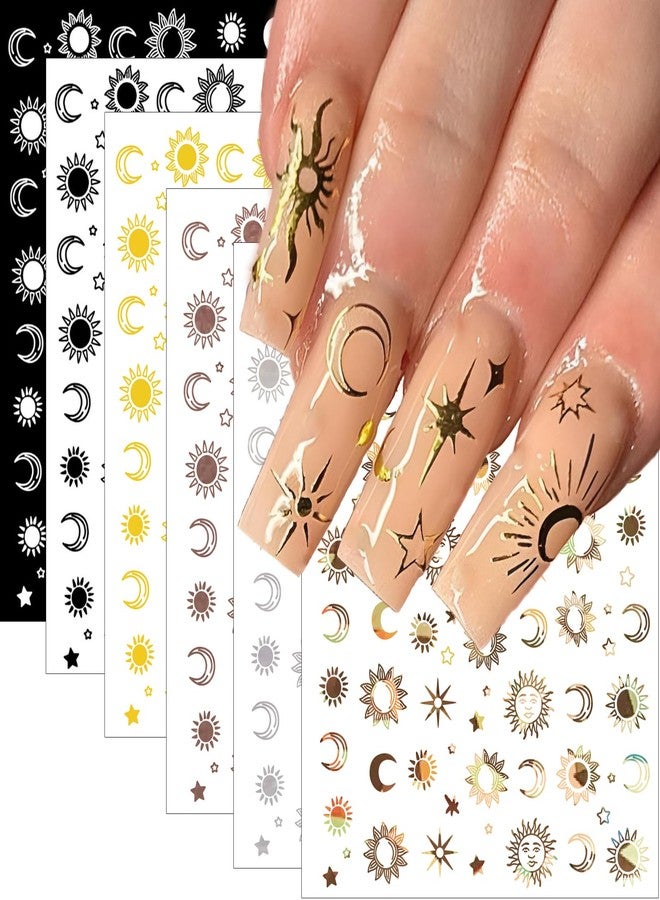 winthrop 12 Sheets Sun Moon Star Nail Art Stickers Decals, 3D Self-Adhesive Fashion Trendy Minimalist Colorful Rose Gold Pegatinas Uñas Design, DIY Manicure Decoration Supplies Accessories for Women Girls - Image 1