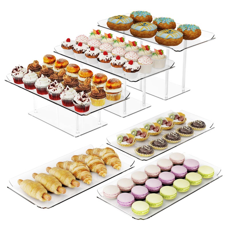 HeiMma 6 Pack Dessert Table Display Set Clear Acrylic Dessert Display Stands with 3 Pack Dessert Tray Platters Buffet Risers for Pastry Food Fruit Candy Treat for Wedding Birthday Party - Image 2