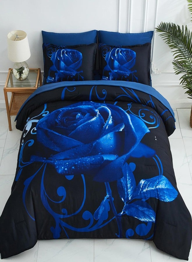 Xruibed Blue Comforter Set King 7 Piece Bed in a Bag Blue Rose Comforter with Sheet Set Soft Micorfiber Reversible Bedding Set (1 Comforter,2 Pillow Shams,1 Flat Sheet,1 Fitted Sheet,2 Pillowcases) - Image 1