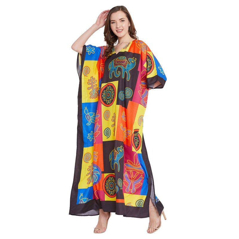 Oussum Women Polyester Casual Kaftan Long Plus Size Summer Beach Caftan Cover Ups Maxi Dresse for Ladies (Multicolor One Size Maxi Caftan) - Image 3