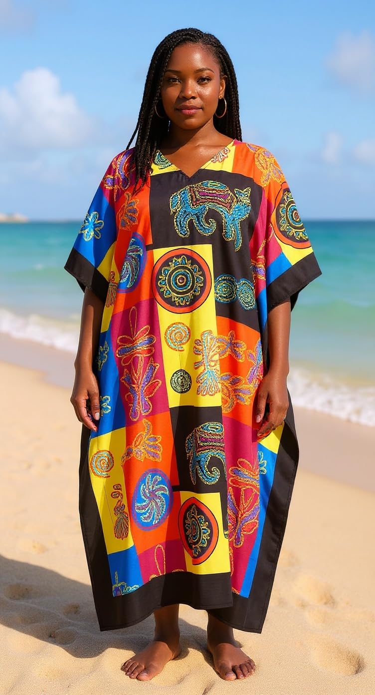 Oussum Women Polyester Casual Kaftan Long Plus Size Summer Beach Caftan Cover Ups Maxi Dresse for Ladies (Multicolor One Size Maxi Caftan) - Image 2