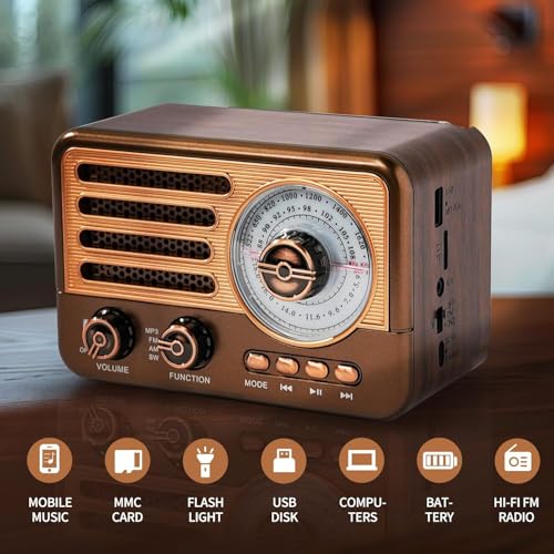 Cason FR22 Fm Radio for Home with Bluetooth Speaker,Vintage Radio with USB -Retro Radio Portable Music Player with Transistor Frequency Knob Meter,SD Card,Headphone Jack(Brown) - Image 2
