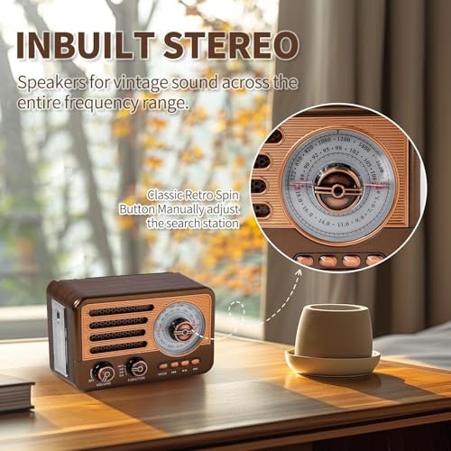 Cason FR22 Fm Radio for Home with Bluetooth Speaker,Vintage Radio with USB -Retro Radio Portable Music Player with Transistor Frequency Knob Meter,SD Card,Headphone Jack(Brown) - Image 3