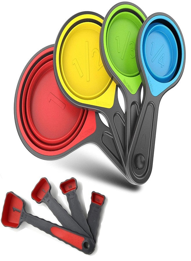 GRANDFORT Collapsible Silicone Soft Measuring Cups and Measuring Spoons,8 pieces Portable Food Grade Silicone Measurement Cup for Liquid & Dry Measuring Baking &Utensils & Travel Measuring Cup，space saver - Image 1