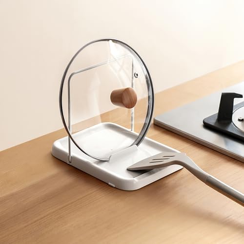 PAVSTINE Pot Lid Holder Lid and Spoon Rest Holder for Kitchen Counter Foldable Pan Lid Organizer Stand with Nonslip Pads Multifunctional Utensils Pan Pot Cover Lid Rack Shelf For Stove Top White