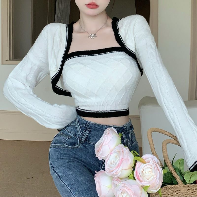 2023 Autumn Sweater Pure Desire Cropped Color Block Knitwear Set Beachwear Tank Top + Waist-Length Strapless Skirt Black YYM0106-C442  - Image 2