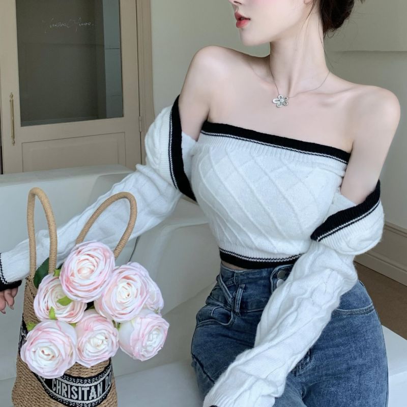 2023 Autumn Sweater Pure Desire Cropped Color Block Knitwear Set Beachwear Tank Top + Waist-Length Strapless Skirt Black YYM0106-C442  - Image 1