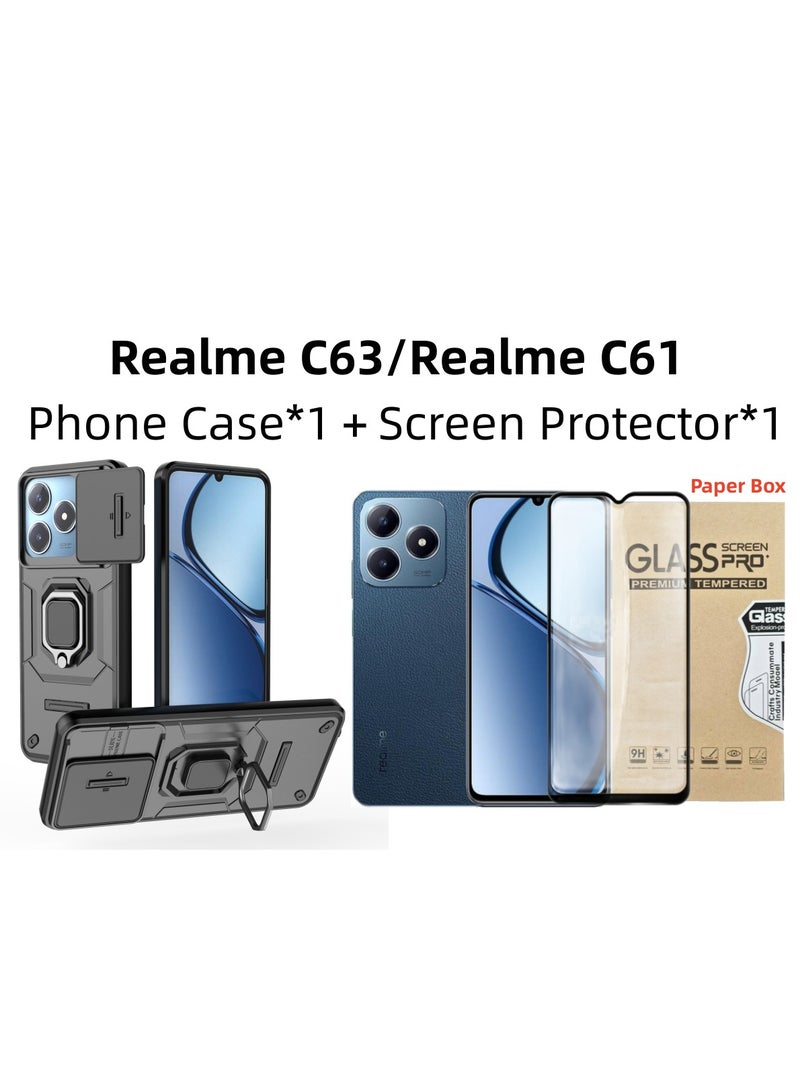 Fankalo [1+1 مجموعات] غلاف وحماية شاشة لجهاز Realme C63/ Realme C61 مع غطاء حماية للكاميرا منزلق، غلاف هاتف قوي مع واقي شاشة زجاجي مقسى - Image 1