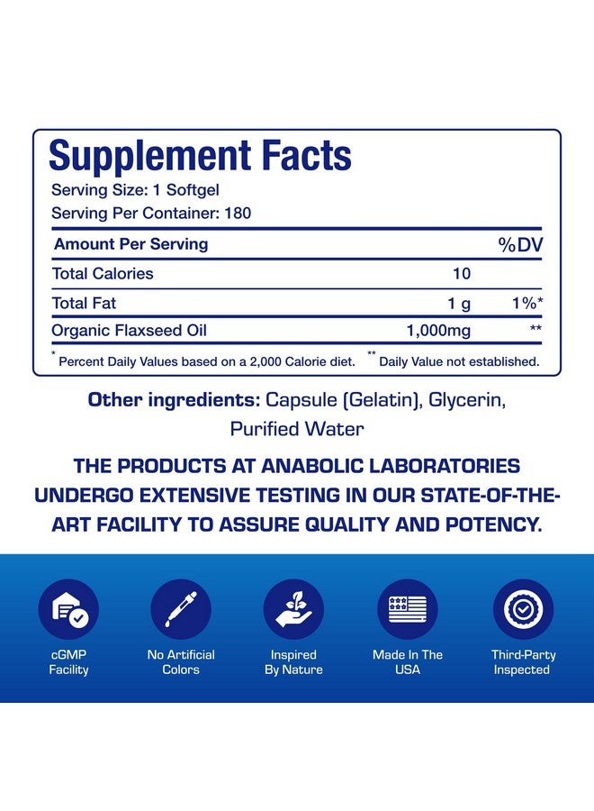 Anabolic Laboratories Cold Pressed Organic Flaxseed Oil 1000mg Softgels - Non GMO Organic Flax Seed Oil Rich in Naturally Occurring Omega 3 6 9 for Full Body Benefits - Fish Free Omega 3 Supplement (180 Softgels) - Image 2