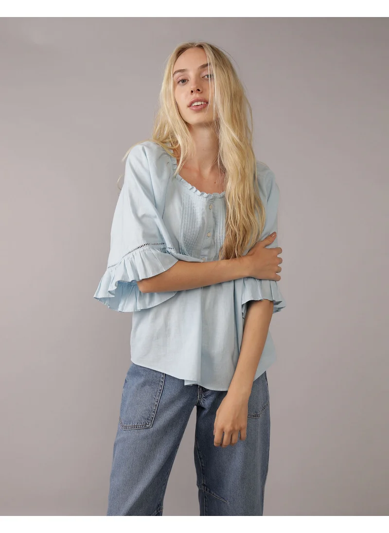 امريكان ايجل AE Linen-Blend Ruffle Blouse
