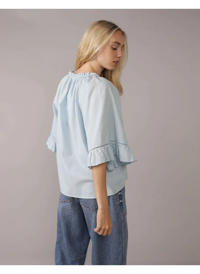 American Eagle AE Linen-Blend Ruffle Blouse