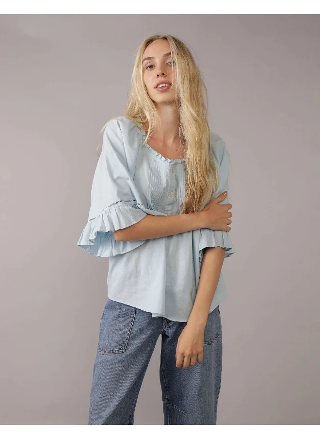 American Eagle AE Linen-Blend Ruffle Blouse