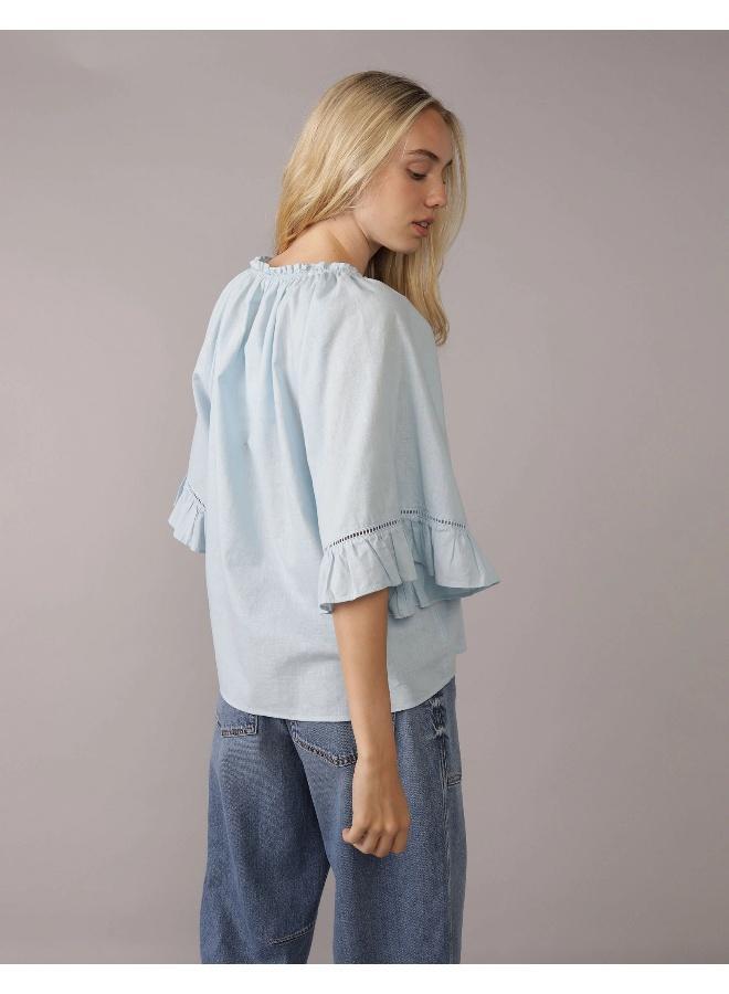 American Eagle AE Linen-Blend Ruffle Blouse - Image 4