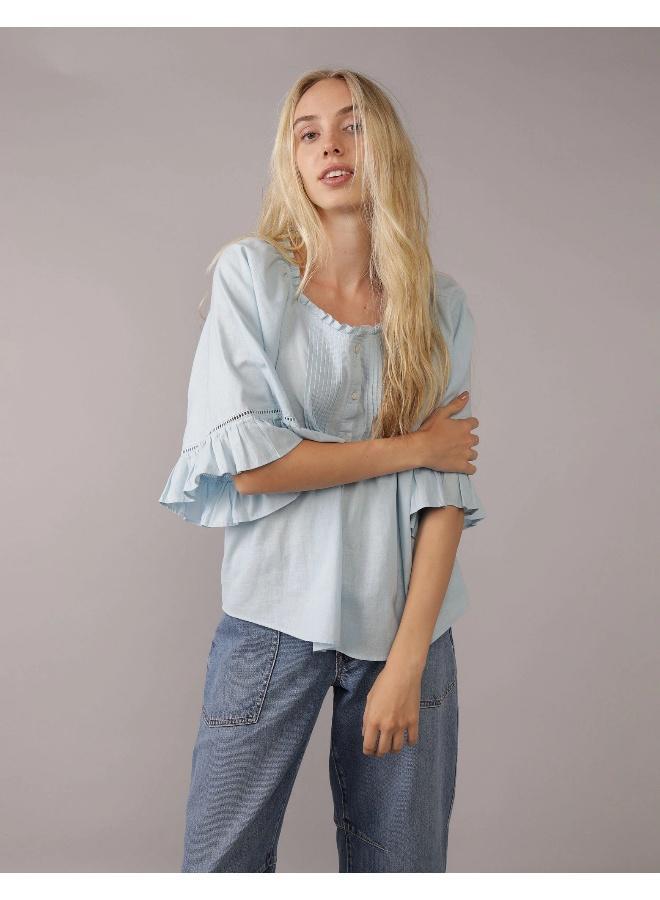 American Eagle AE Linen-Blend Ruffle Blouse - Image 1