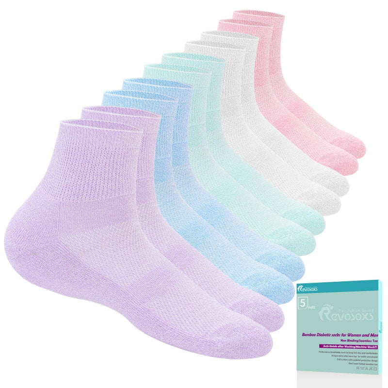 Revosoxs Diabetic Socks for Women Men,5 Pairs Non Binding Diabetic Ankle Wide Stretchy Loose Seamless Socks 7-9 9-11(Pure-Medium) - Image 1