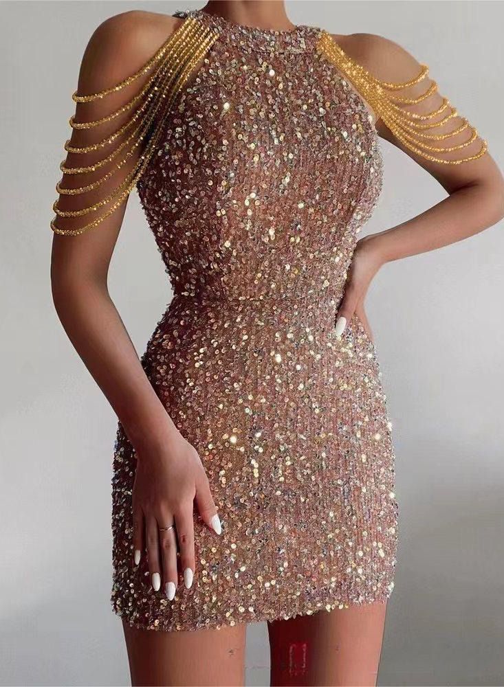 Banquet Party Dress for Women Evening Dresses Halter Neck Sequins Short-Length Sleeveless Prom Ball Gown Wedding Elegant Slim Formal Dresses Bridesmaid Dress - Image 1