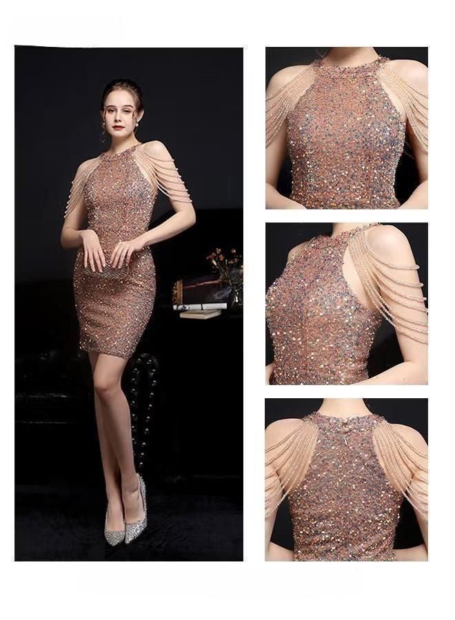 Banquet Party Dress for Women Evening Dresses Halter Neck Sequins Short-Length Sleeveless Prom Ball Gown Wedding Elegant Slim Formal Dresses Bridesmaid Dress - Image 3