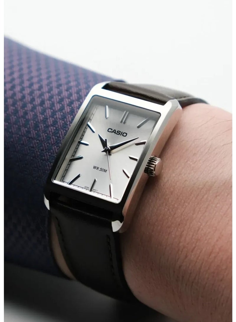 كاسيو Analog Men’s Watch MTP-B215L-7AVDF, 26 mm Silver Dial, Stainless Steel Case & Brown Leather Strap, 50 m WR - Image 1