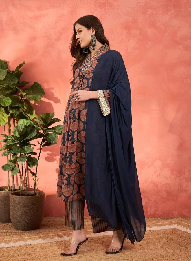 SASSAFRAS SASSAFRAS Navy Geometric Print Kurta with Pencil Pants and Dupatta Set